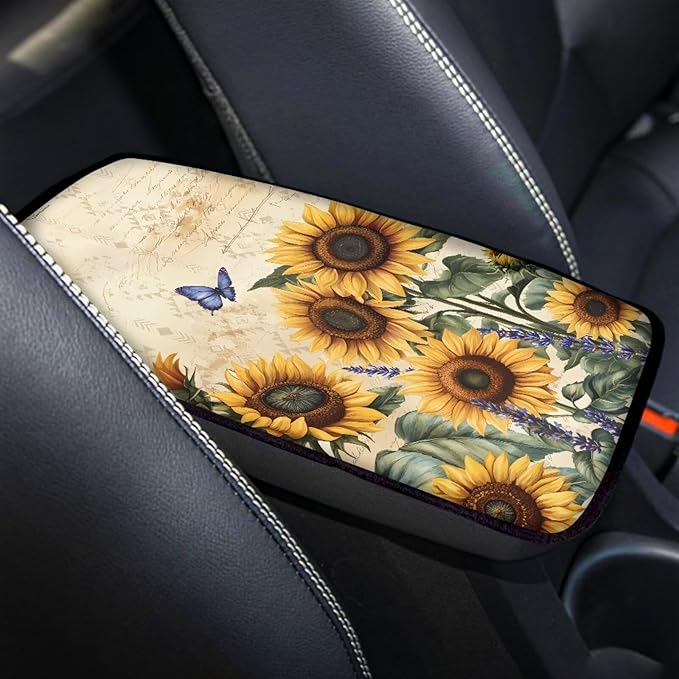 Dreaweet Car Center Console Cover Sunflower Car Accessories for Women Interior Universal Arm Rest Cover for Truck SUV Vehicle Armrest Cover Center Console Cushion Pad