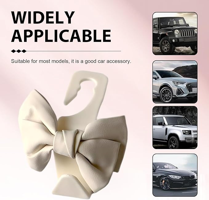 2PCS Car Seat Headrest Hooks, Cute Bow Car Backseat Storage Hooks, Lovely Leather Auto Purse Hook Hanger, Women and Girl Car Interior Accessories for Umbrellas, Coat, Bag (Leather-White)