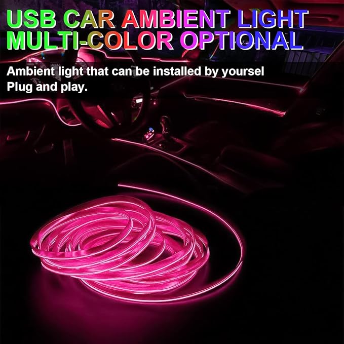 EL Wire LED Strip Lights, 10FT/3M USB Auto Neon Light Strip with Sewing Edge, Electroluminescent Car Ambient Lighting Kits with Fuse Protection, Car Decoration Accessories (Pink/10FT)