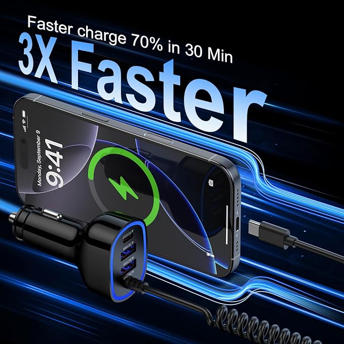 60W Type C Super Fast Samsung Car Charger for Galaxy S26/S25 Ultra/A17/Z Flip7/Fold7/A56/A16 iPhone 17 16e 16 Pro Max Pixel 10A, 4-Port USB C & USB A Car Phone Charger Adapter+4FT Type C Coiled Cable