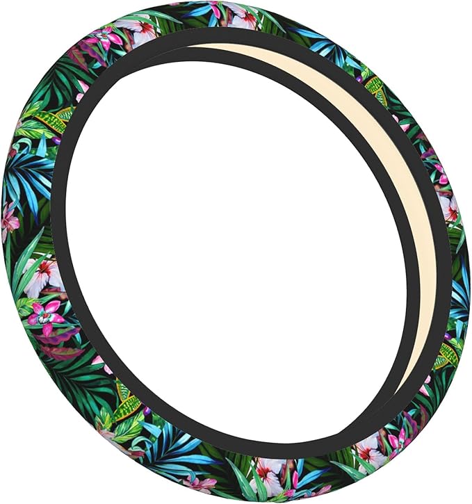 Tropical Car Steering Wheel Cover for Women Frangipani Hibiscus Palms 14-15 Inch Stretch Cloth Anti-Slip Wrap Protector Case Fit Universal Auto Accessories Decor Sweat Absorption (No Tools Needed)