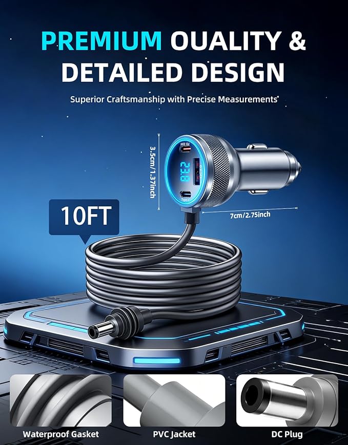 Starlink Mini Cable, 4-in-1 Starlink Mini Car Charger DC Power Cable + 12V-24V Cigarette Lighter Adapter with Digital Display, USB-C PD 45W and Dual USB-A 35W Ports for Cars, Suitable for Cars (10FT)