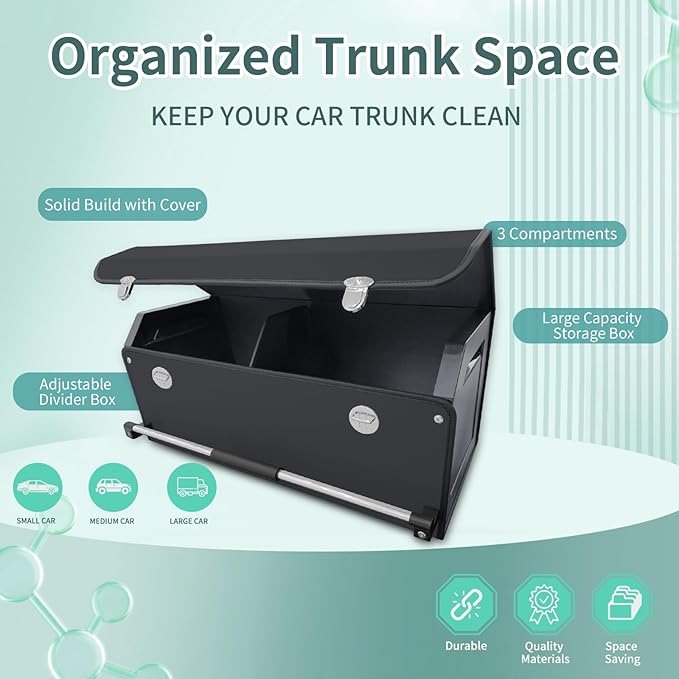 XCF Car Organizer Trunk, Durable Collapsible Leather Trunk Organizer with Lid and Sturdy Handle, Auto Cargo Storage Compartments, SUV/Car Accessories for Men/Women (11.4 x 27 x 12.2, Black)