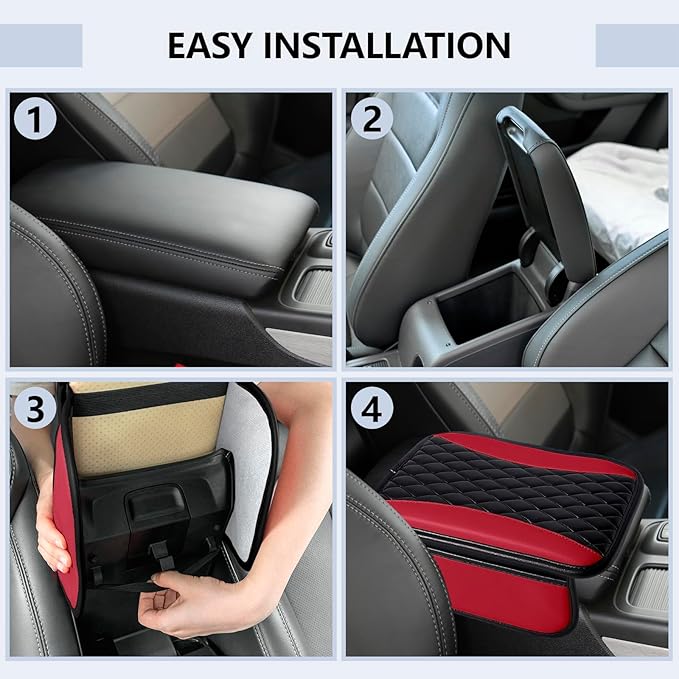 Leather Car Center Console Cover,Upgraded Center Console Cushion Pad with Side Pockets,Patchwork Arm Rest Cover for Car,Waterproof Armrest Seat Box Covers,Universal for Most Vehicles (Red)