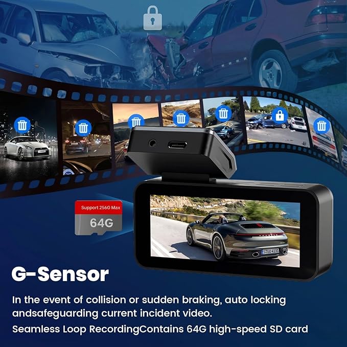 2.5K Dash Cam Front and Rear with 64GB Card, Car Camera WiFi & GPS, 3.39" IPS Screen, WDR Night Vision, Parking Monitor, G-Sensor Dash Camera