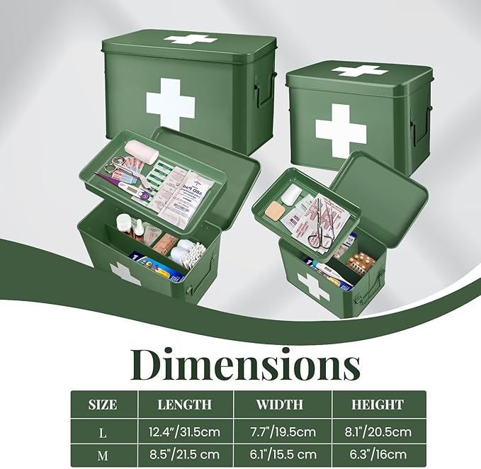Flexzion Medicine Box, Home Pharmacy Box, 33 x 21 x 19 cm, Metal Medication Storage for Emergency, First Aid Cabinet, with Side Handles, Removable Tray & 5 Compartments, Green
