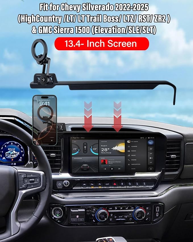 PZK Car Phone Holder for Chevy Silverado 1500/GMC Sierra 1500 2022 2023 2024 2025 2026 Accessories 13.4-Inch Screen Compatible with MagSafe Chevy Phone Mount with 360° Rotating Extension Rod