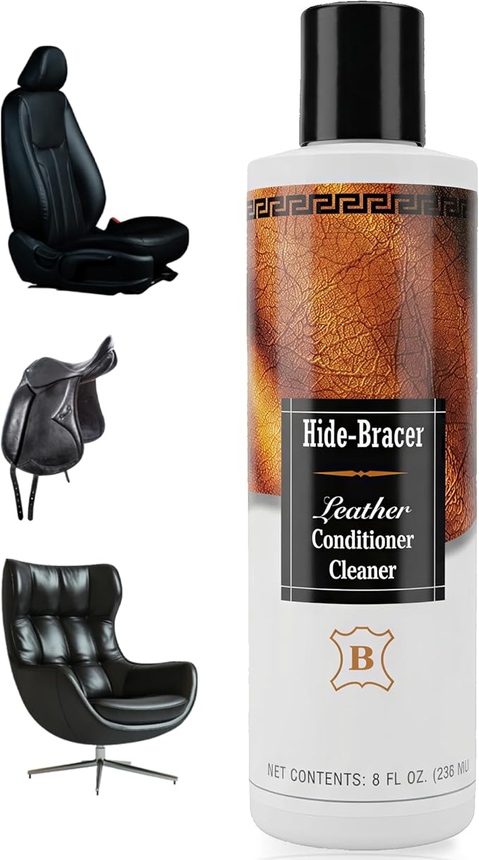 Hide Bracer Leather Cleaner and Conditioner 8 Fl oz | Cleans, Conditions, Protects | Prevents Drying, Cracking & UV Fading of Finished Leather, Furniture, Car Seats, Saddles & Purses