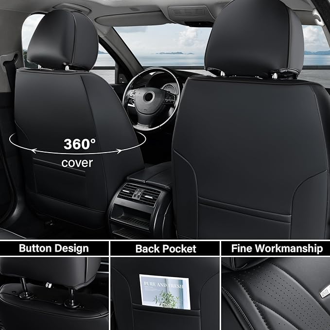 Coverado Car Seat Covers, 5 Seats Black Seat Covers for Car, Luxury Faux Leather Seat Cover, Front and Back Seat Cover, Waterproof Car Seat Protector, Universal Car Seat Cushions Fit for Most Vehicles