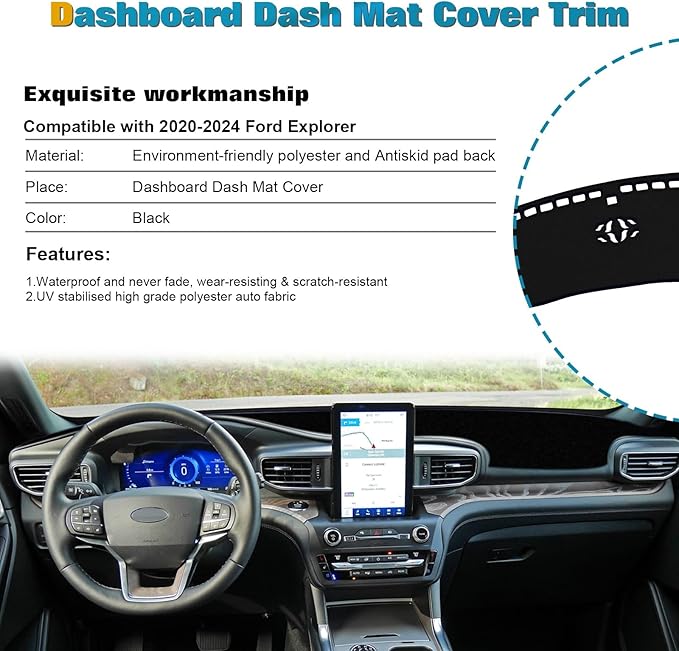 x xotic tech Center Console Dashboard Mat Pre-Cut Non-Slip Sunshield Sun Glare Protector Dash Carpet Pad Black Cover Compatible with Ford Explorer 2020 2021 2022 2023 2024 2025 2026