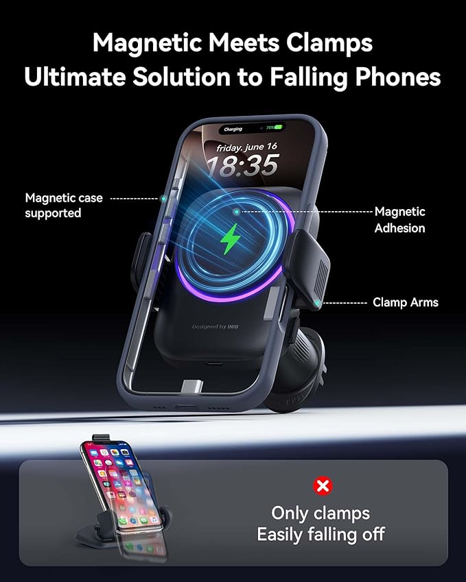 INIU Qi2 Certified 15W Car Phone Holder Wireless Charger, Ultra-Stable 22N for MagSafe Car Mount Charger with Cooling Fins & RGB Lighting Only for iPhone 16/15/14/13/12 Series, White