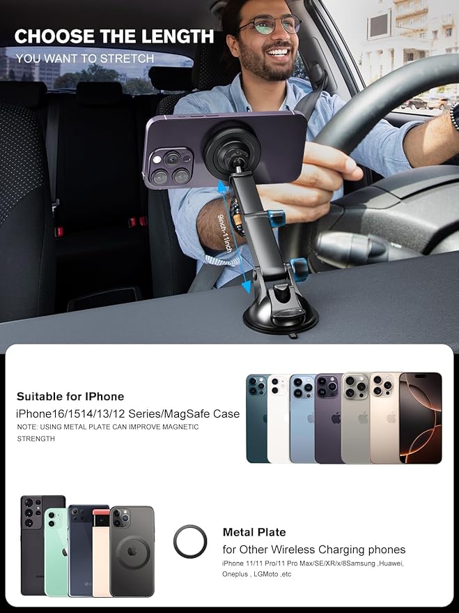 MAGJIEYX for Magnetic Magsafe Car Mount Charger, Wireless Car Charger with QC3.0 Adapter(38W Max) Phone Holder Fits iPhone17/16/15/14/13Plus/MagSafe Case,Dash/Vent/Windshield(Black)