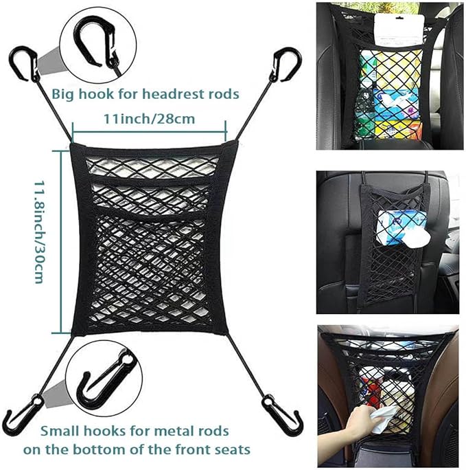Universal Car Front Seat Net Pocket Organizer,Stretchable Hanging Storage Net Bag Purse Holder for Car,Barrier of Backseat Dog Or Kids