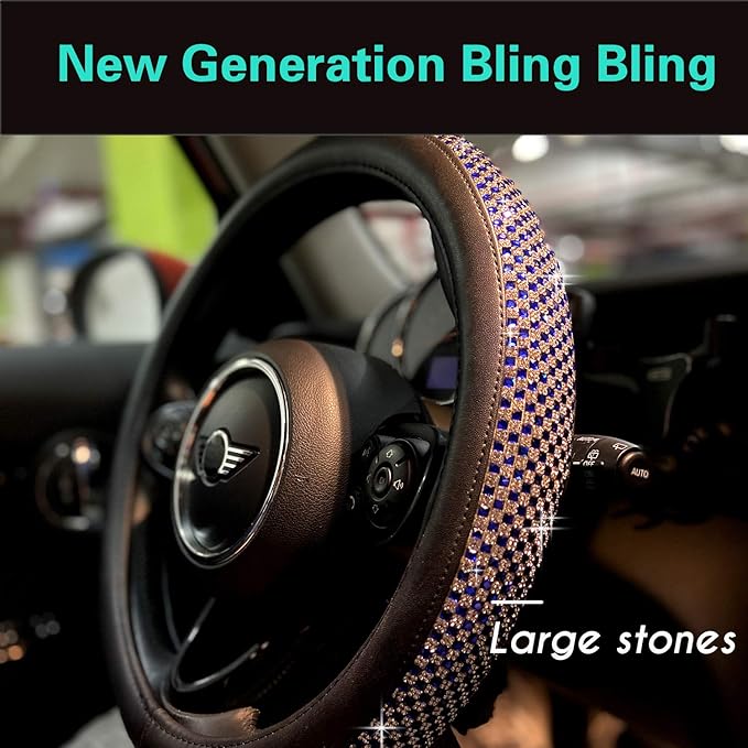PINCTROT Bling Bling Comfy Steering Wheel Cover with Jumbo Crystal Rhinestones, Anti-Slip Diamond Leather, Universal 15 Inch (Blue)