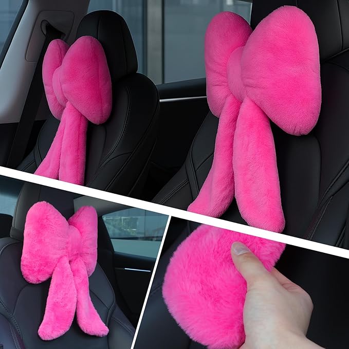 Macarrie 2 Pcs Car Neck Pillow Plush Butterfly Bow Car Headrest Pillow Comfortable Seat Neck Support Cute Head Rest Accessories for Driving Travel Driver Chair Girl Style Interior Decor (Rose Red)