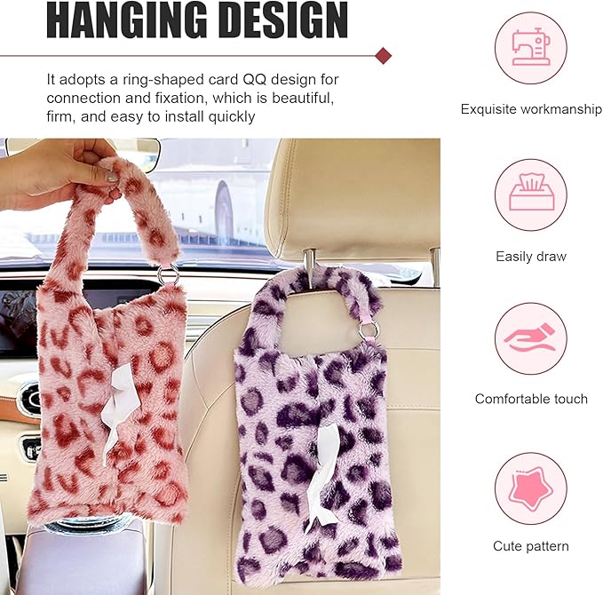 Leopard Print Car Tissue Bag, Cute Plush Hanging Tissue Holder, Multi-Functional Car Backseat Hanging Storage Bag, Universal for Small-Size Tissues (Pink)