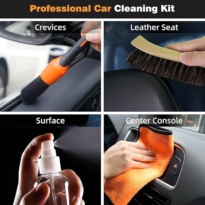 Car Detailing Brush Kit, Ultra Soft Long Bristle Horse Hair Leather Cleaning Brush,Car Cleaning Kit Interior for Seats Leather Care