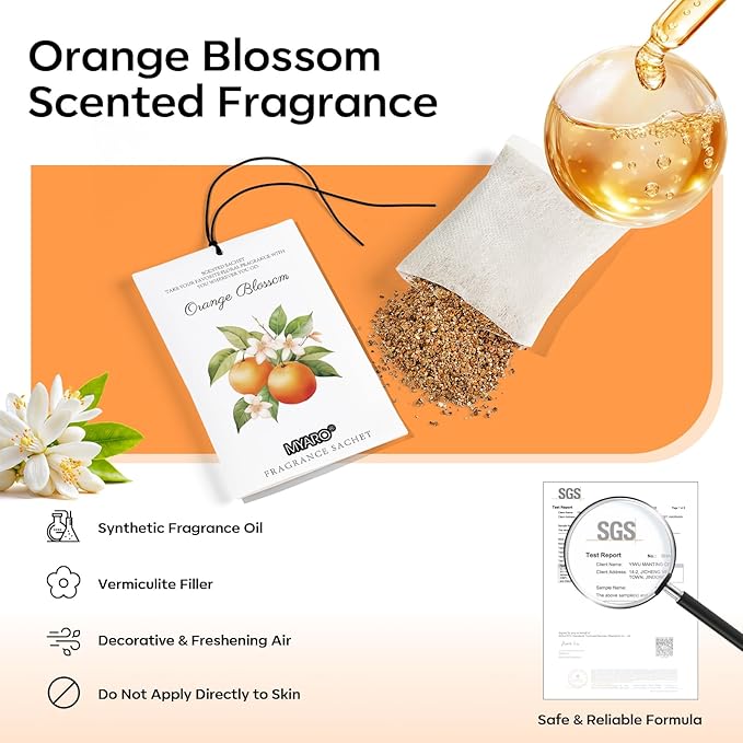 MYARO 12 Packs Orange Scented Sachets - Fragrance for Closet, Drawer, Bathroom, Car - Air Freshener Deodorizer Packets