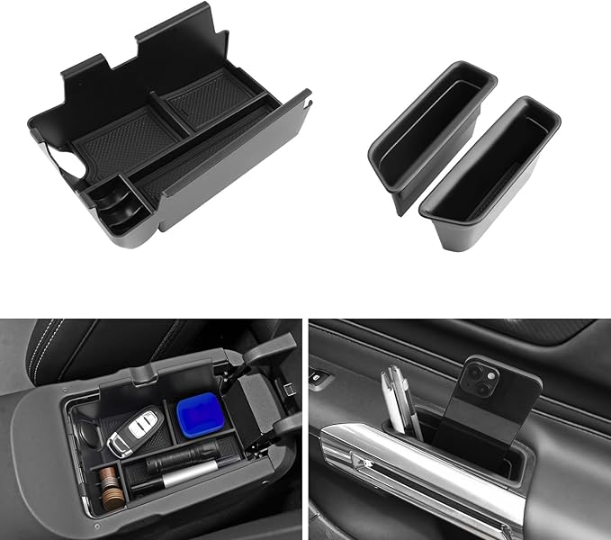 LUWU 3PCS 2025 2026 Mustang Center Console Organizer Compatible with Ford Mustang 2024 2025 2026 Accessories Armrest Console Storage Box Insert Tray Door Side Tray ABS Material Coin Container Black