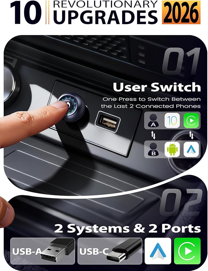 Wireless CarPlay Adapter & Android Auto Adapter, One-Click User Switch, Fast & Stable, Converts Wired to Wireless, Stable Connection Car Play Dongle for iOS 10+ / Android 11+ (Purple)