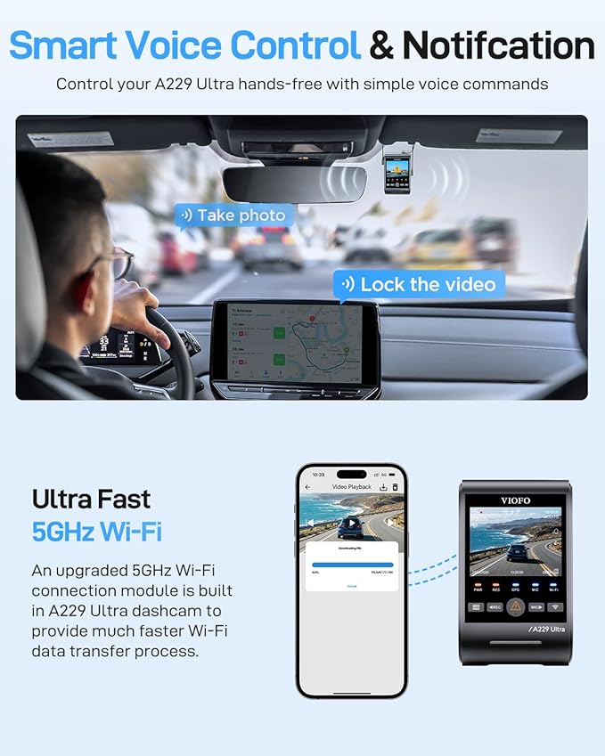 VIOFO A229 Ultra 3 Channel Dash Cam, Dual 4K + 1080P, 210° Fisheye Cabin Car Camera, Triple STARVIS 2 Sensors with Dual 4K HDR, Faster 5GHz Wi-Fi & GPS, Smart Voice Control, Super Night Vision 2.0