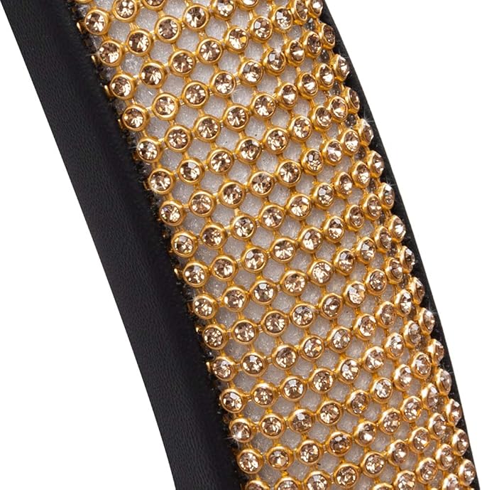 BDK Bling Bling Glitter Diamond Leather Steering Wheel Cover with 9 Rows Crystal Rhinestones, Universal Fit 14.5-15.5 Inch for Women/Girls (Bling Crystal Diamonds - Gold)