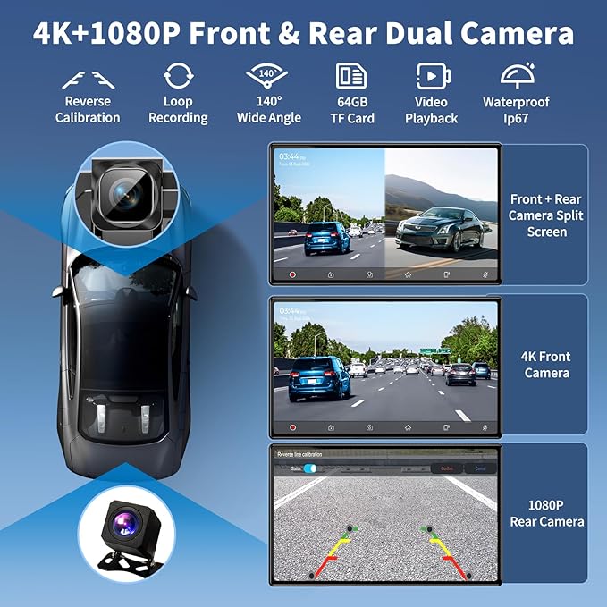 Wireless Carplay 11.3" A pple Carplay Screen for Car with 4K Dash Cam 1080P Backup Camera, Car Stereo for Carplay & Android Auto GPS Navigation/Bluetooth/Mirror Link/Voice Control/AUX/FM/Siri