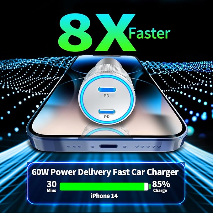 [Apple MFi Certified] iPhone Car Charger, Linocell 60W Dual PD USB-C Poewr Cigarette Lighter USB-C Car Carplay Fast Charger + 2Pack Type-C to Lightning Cable for iPhone 14 13 12 11 Pro XS XR X SE iPad