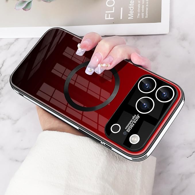 Guppy Compatible with iPhone 17 Pro Magnetic Case, with Full Camera Lens Protector [Compatible with MagSafe] Scratch Resistant Gradient Glass Back Cover Phone Case-Red