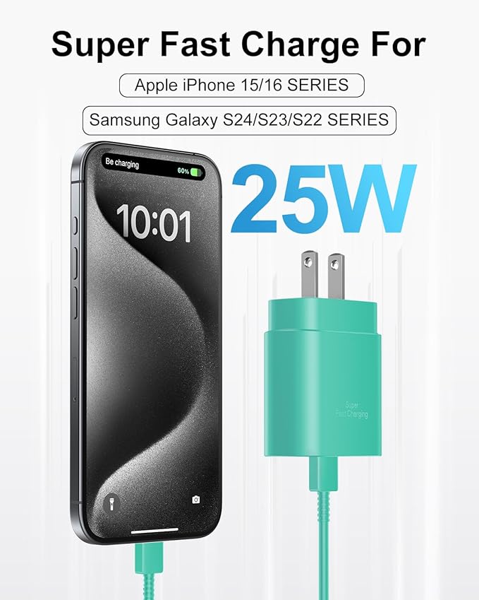 Type C Charger Fast Charging, 2Pack [10FT&6FT] Long USB C Cable with 25W Phone Super Fast Charger Block Compatible with Galaxy S25/S24/Plus/Ultra,iPhone 15/16/17/Air/Plus/Pro Max