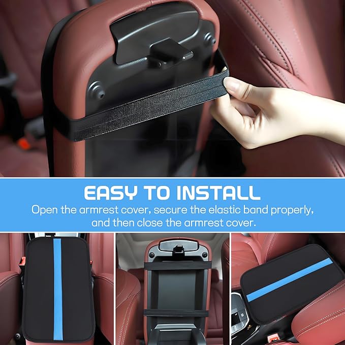 wuyaoyao Car Center Console Cover, 12.6"×7.87" PU Leather Armrest Cover for Cars, Stylish Auto Armrest Cushion Pad, Waterproof Vehicle Arm Rest Protector, Interior Car Accessories (Black+Blue)