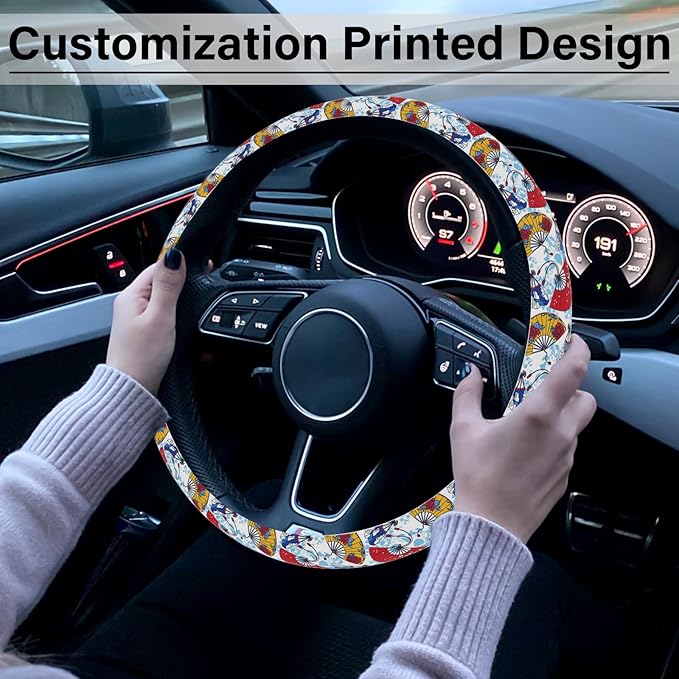Yellow and Red Fan Steering Wheel Cover, Cute Print Steering Wheel Cover Protector, Ultra Thin Breathable Non-Slip, Car Accessories for Women, for Steering Wheel with a Diameter of 14.5"-15"