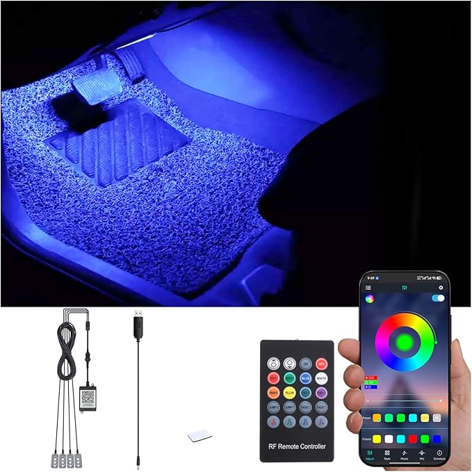 RGB Car Footwell Ambient Lighting Kit USB 16.7 Millions Colors Sound Active Music Sync APP Control + RF Remote Controller Car Interior Multicolored Footwell Atmosphere Light DC 12V