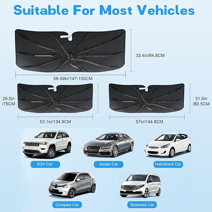 Windshield Sun Shade Umbrella, Portable Foldable, Spring Structure Wind Shield, Front Window Sunshade, Protect from Sun Rays Car Windshield, for Men (57'' x 31.5'')