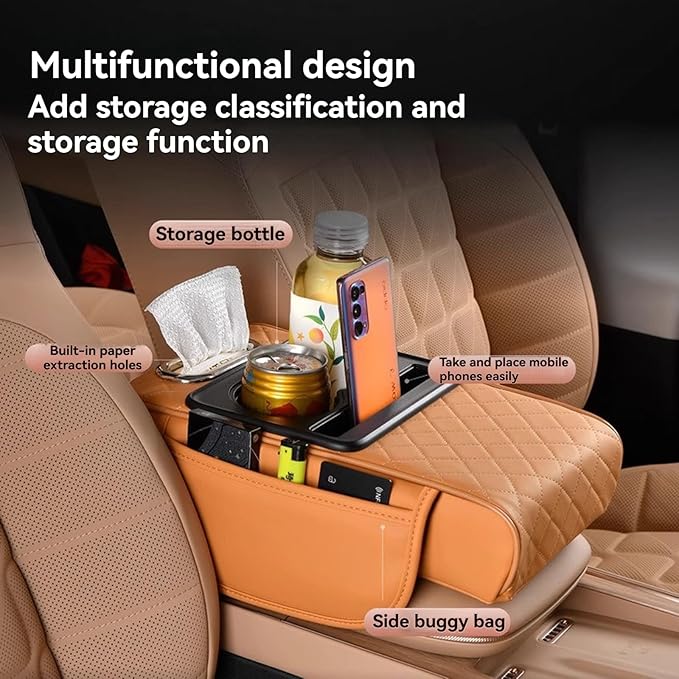 Multifunctional Pu Leather Car Armrest Box Mat, 5-In-1Multifunctional Car Armrest Cushion, Car Arm Rest Cover Pad, Center Console Organizer with Cup Holder, Tissue Box & Phone Slot (Gray)