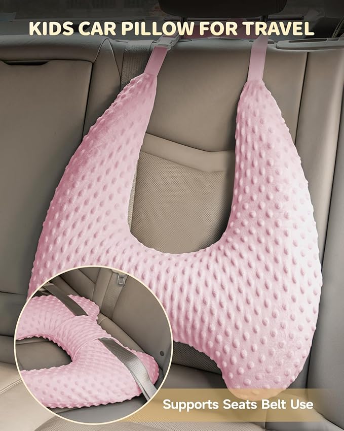 Memory Foam Kids Travel Pillow, Car Pillow for Kids, H-Shape Car Pillows for Sleeping, Removable Pillowcase, Adjustable, Velvet Dots, Pink