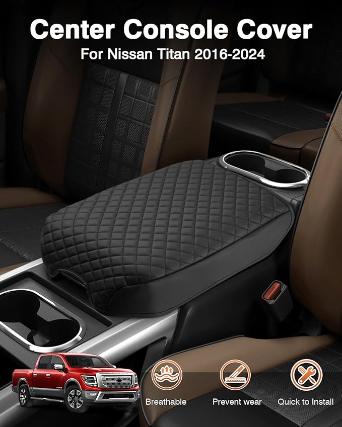 Shademax Center Console Cover for Nissan Titan 2016-2024 Accessories Armrest Cover Cushion Pad Leather Middle Console Cover Car Armrest Seat Box Console Lids Protector (Only for Bucket Seat Console)