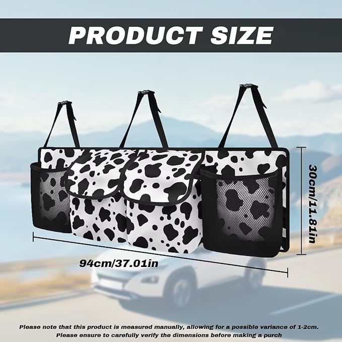 Black Cow Spots Auto Hanging Seat Back Storage Car Organizer Large Capacity Collapsible Cargo Bag,Sturdy Space Saving Expert