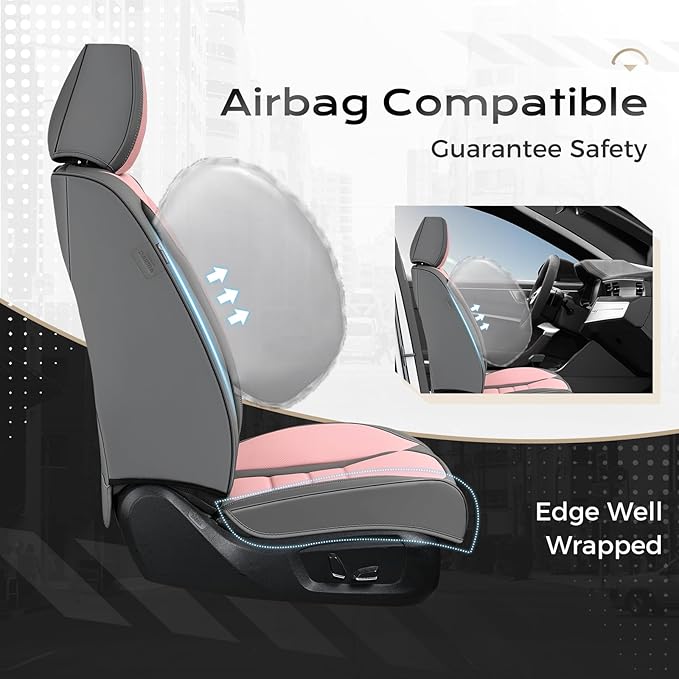 Coverado Car Seat Covers Full Set, Nappa Leather Seat Covers for Cars, Car Seat Protector Car Seat Cushion, Front and Back Seat Protectors Cushions Universal Fit for Most Cars Vehicles(Gray&Pink)