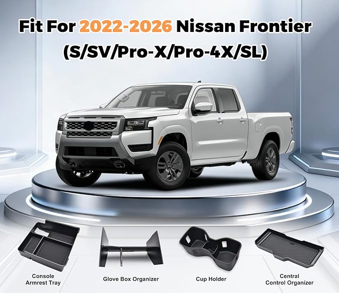 4PCS Center Console Organizer Tray for Nissan Frontier 2022-2026 accessories (S/SV/Pro-X/Pro-4X/SL) Front Console Shelf Armrest Storage Box Glove Box Organizer and Cup Holder for Nissan Frontier 2022+