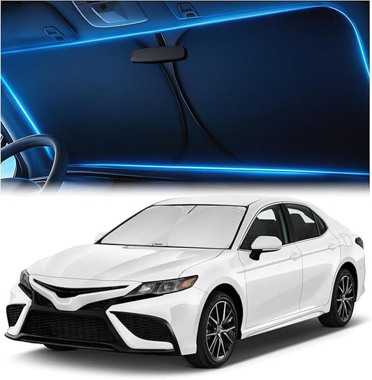 Windshield Sunshade for Toyota Camry 2018-2024 LE/XLE/SE/XSE/Hybrid - No-Light-Pass Technology, Mirror Cut-Out, Blocks 99% UV Rays, Fade-Resistant, Easy-Fold Camry Windshield Sun Shade