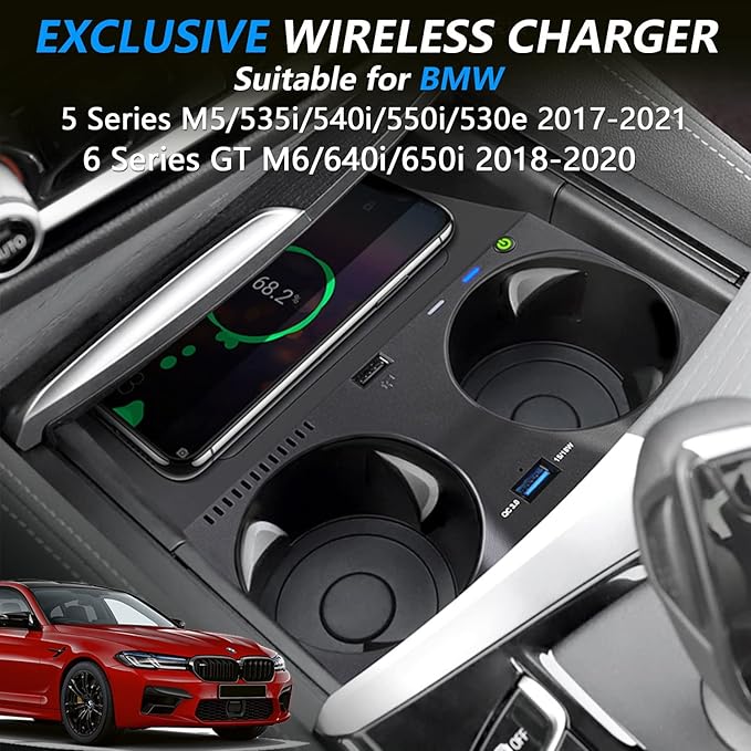 Wireless Car Charger for BMW 5 Series M5/535i/540i/550i/530e 2017-2022, for BMW 6 Series M6/640i/650i 2018-2020, 15W Qi Fast Charging Phone Charger Pad with QC3.0 USB Port for iPhone Galaxy