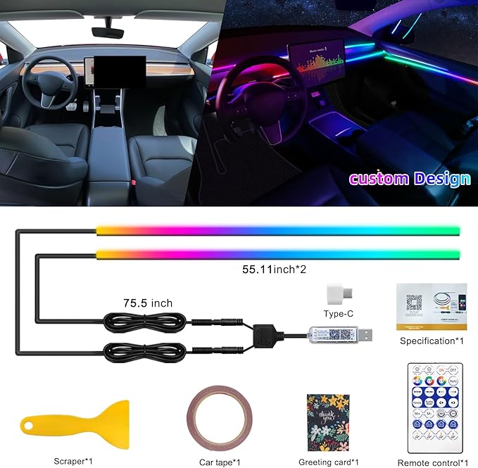 Dreamcolor Acrylic Interior Car LED Strip Light with USB/Type C, RGB 2 in 1 with 110.2 inches LED Strip, Dynamic Chasing Music Sync Neon Ambient Lighting Kits