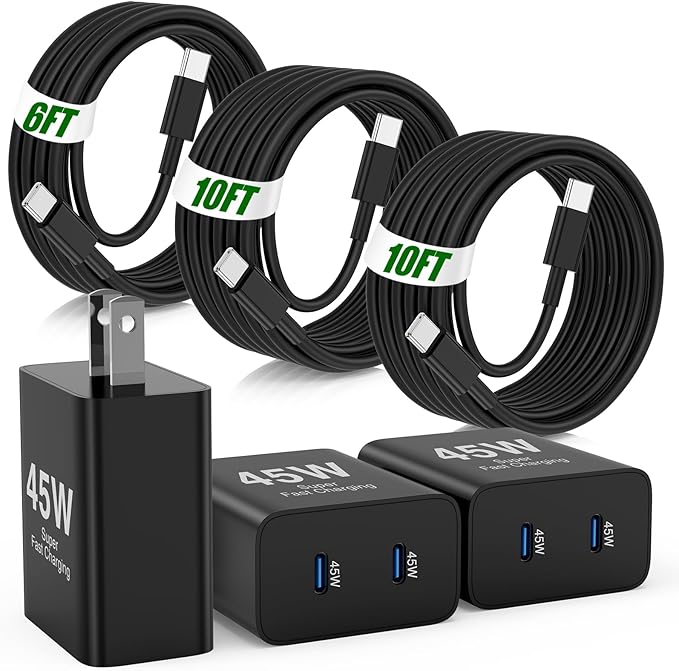 45W Super Fast Charger Type C for Samsung S26 S25 S24,3Pack 45W Dual Port USB C Fast Phone Charger Block & 6/10/10FT Type C Charging Cord for Samsung Galaxy S26 S25 Ultra/S23/S22,Android,iPhone 17