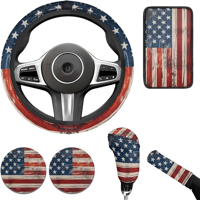 American Flag 6pcs Car Decor Set for Women Men Car Steering Wheel Cover Retro Style Armest Cushion Auto Interior Decor Cup Holder for SUV Truck Sedan
