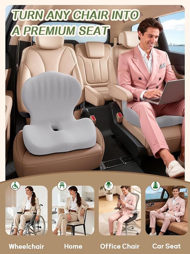 Benazcap Memory Foam Seat Cushion with Lumbar Support Pillow for Office Chair, Car & Gaming Seat, Wheelchair, Ergonomic Design for Sciatica & Tailbone Pressure Relief, Gray