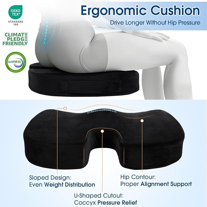 CloudBliss Lumbar Support Pillow & Seat Cushion Set for Office Chair, Desk Chair, Wheelchair & Car – Memory Foam Back Support, Ergonomic Chair Cushions, Sciatica Pain Relief, Home Essentials, Black