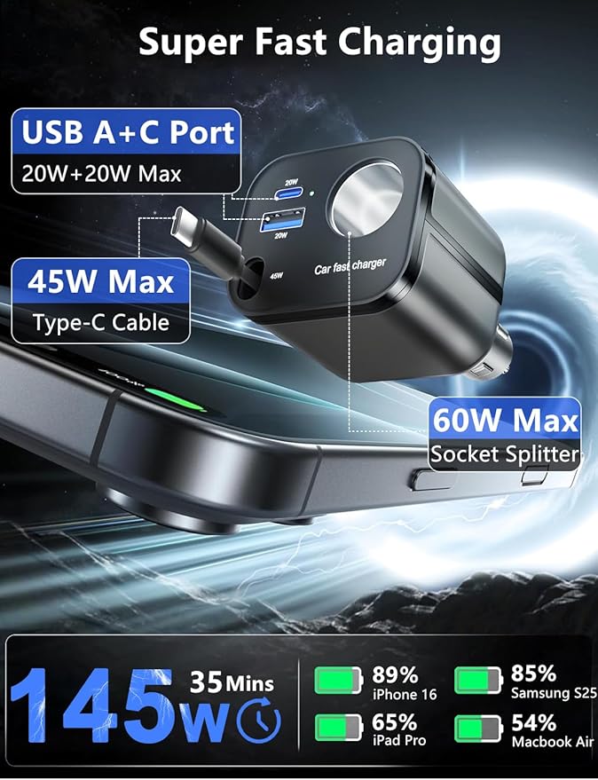 4 in 1 Retractable Car Charger, [60% Smaller] 145W USB C Cigarette Lighter Adapter, Socket Splitter with Retractable Cable&USB-C/A Port, 12V/24V Fast Charging Car Phone Charger for iPhone 17 Pro Max