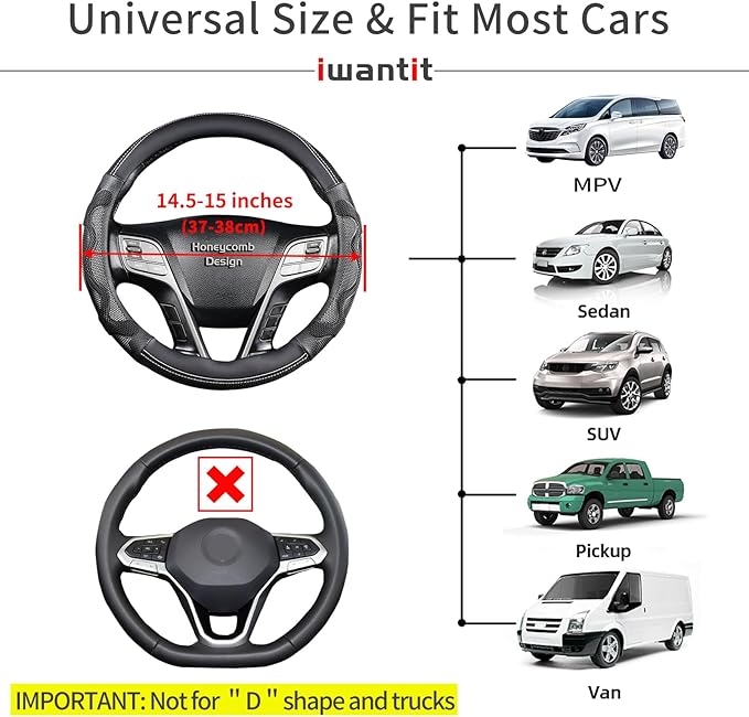 Iwantit® Steering Wheel Cover with 3D Honeycomb Anti-Slip Design and Breathable Fabrics, Universal 14.5-15 Inch (White/Black)