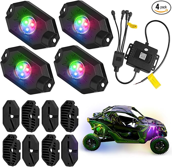 4 Pods RGB LED Rock Lights Kit, Underglow Multicolor Neon Light Pod with Bluetooth App Control, IP68 Waterproof High Brightness Dynamic Music Mode Wheel Well Light for Truck ATV UTV RZR SUV Golf Cart
